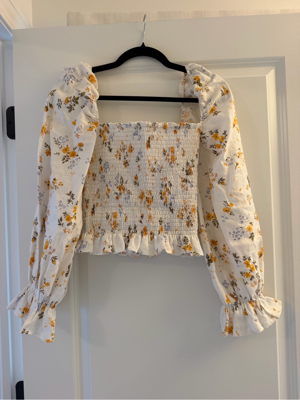 Reformation White Floral Smocked Square-Neck Puff Sleeve Crop Top